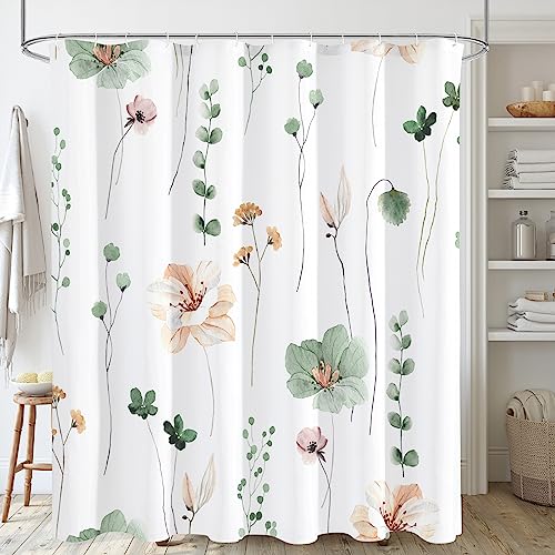 Gibelle Long Shower Curtain 72 x 78, Watercolor Floral Fabric Shower Curtain, Sage Green Beige Flower Decorative Bathroom Shower Curtain Set with Hooks