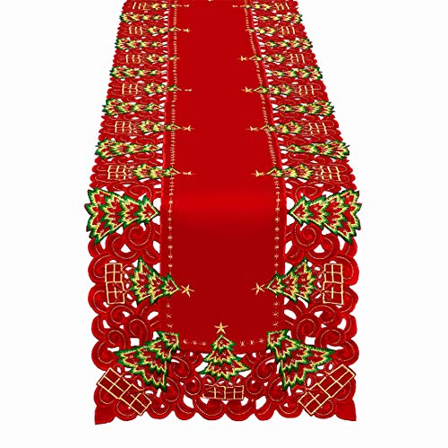 Grelucgo Embroidered Christmas Holiday Holly Tree Table Runner, Dresser Scarf, Rectangular 16 x 132 Inch