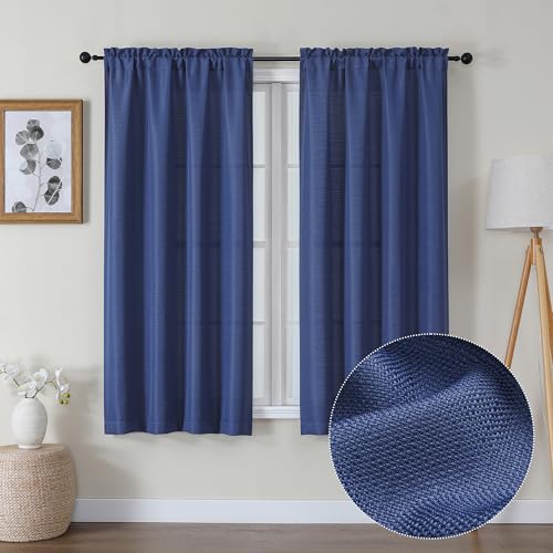 Lecloud Bessie Blue Curtains 63 Inch Length 2 Panels, Elegant Light Filtering & Privacy Drapes with Dual Rod Pocket, Breathable Faux Linen Textured Curtains for Bedroom Living Room, Each 40 W x 63 L