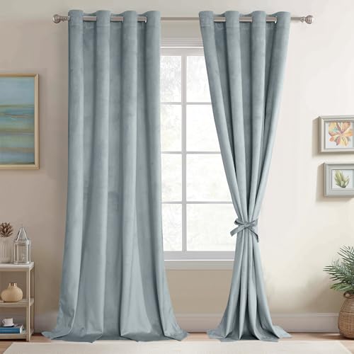 JIUZHEN Stone Blue Velvet Curtains - Super Soft Bedroom Window Drapes Room Darkening Energy Efficient Curtains for Living Room Home Office, 52W x 90L, 2 Panels