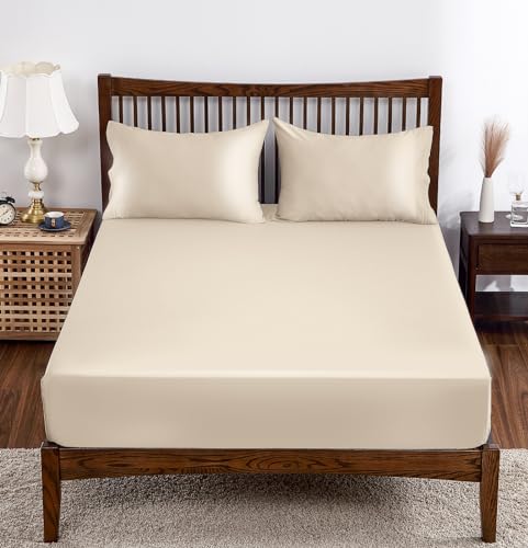 "Bamboo Viscose Fitted Sheet 1 Pack King Size Only,400 Thread Count,8-16"" Deep Pocket,Bottom Sheet Colorfast Soft & Silky & Breathable(1 Fitted Sheet Only, Beige, King)"