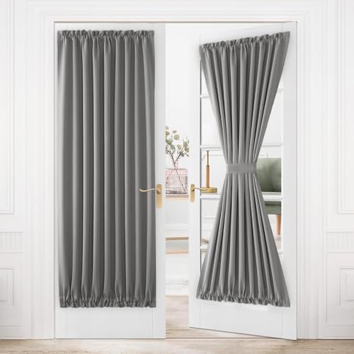 DWCN French Door Curtains ??? Rod Pocket Thermal Blackout Curtain for Doors with Glass Window, Kitchen and Patio Doors for Privacy, 54 X 72 Inches Long, 1 Curtain Panel with Tieback, Grey