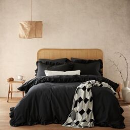 Style Sisters Ruffle Frill Washed 200 Thread Count Cotton King Duvet Cover Set with Pillowcases Black