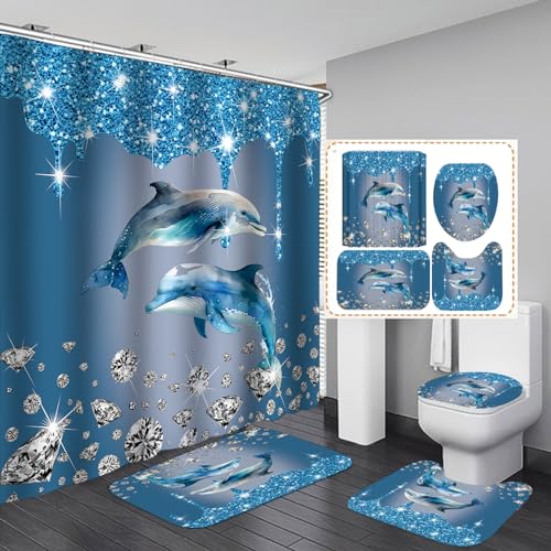 BIPOOBEE 4PCS Diamond Dolphin Shower Curtain Bathroom Set with Rugs, Toilet Lid Cover and Bath Mat, Blue Shower Curtain with 12 Hooks for Bathroom Decor Set