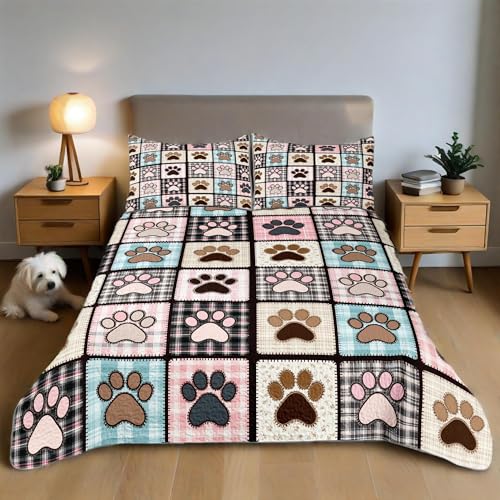 "WHWODIDE Dog Paw Patchwork Quilt Set 3 Pcs Pink Blue Bedspread Comforter Soft Lightweight Microfiber Bedding Set with 2 Pillow Shams for All Season (Pink Dog Paw, Queen(90""x90""))"