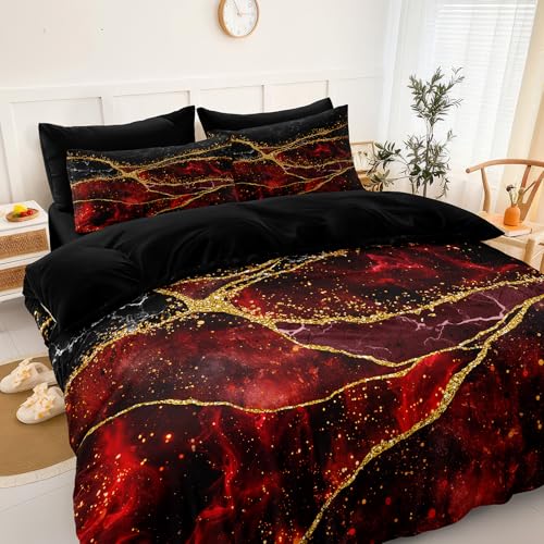 Black Gold Comforter Set 8 Pcs Red Marble Bedding Set King Size Bed in A Bag Red and Black Marble Stone Texture Abstract Room Decor Black Marble Bed Comforter
