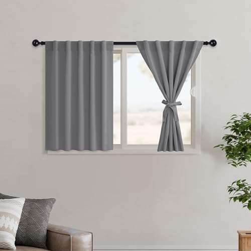 Hiasan Grey Blackout Curtain Tiers for Small Window, 42 x 36 Inches Long - Rod Pocket and Back Tab Thermal Insulated Curtains Short Blind for Kitchen Energy Efficient, 2 Panels Sewn with Tiebacks