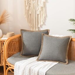NordECO HOME Pack of 2 Linen Grey Cushion Covers 50x50 cm Decorative Farmhouse Burlap Trimmed Edges 20x20 for Sofa Decor
