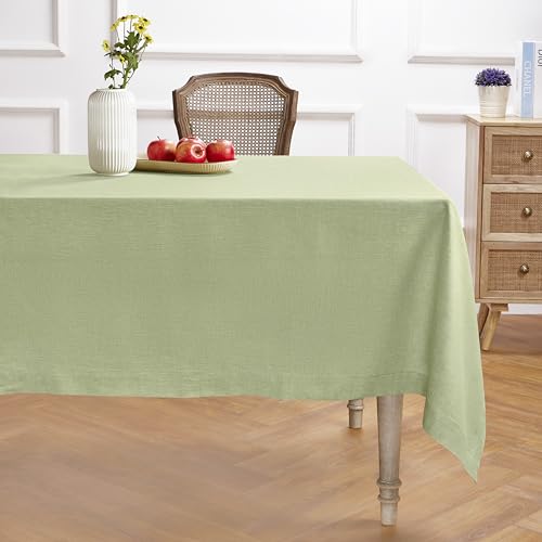 Solino Home Linen Tablecloth 60 x 120 Inch - 100% Pure Linen Chambray Olive Table Cloth for Rectangle Tables - Athena, Machine Washable Tablecloth for Summer
