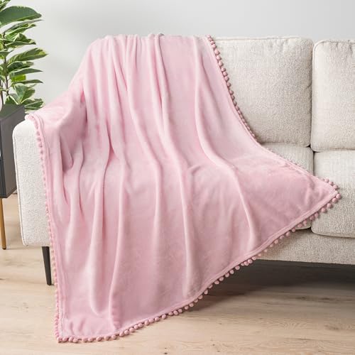 PAVILIA Light Pink Throw Blanket Pom Pom for Couch, Soft Fleece Cozy Pompom Fringe Sofa Blanket, Decorative Home Gift Flannel Velvet Bed Throw, Baby Blush Pink, 50x60