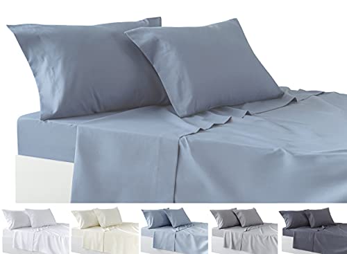 Todocama 4-Piece Bedding Set – Fitted Sheet – Top Sheet – Two Pillowcases 50 x 80 cm (90-90 x 190/200 cm Bed, Grey Blue)