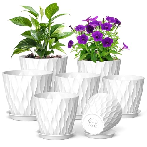 Meowell 7/6.5/6/5.5/5/4.5/4 inch Plant Pots for Indoor Outdoor Plants, 7 Pack Thick Nursery Pots with Drainage Holes and Saucers, Modern Wave Texture Plastic Planter Pots for Flower, Succulent, White