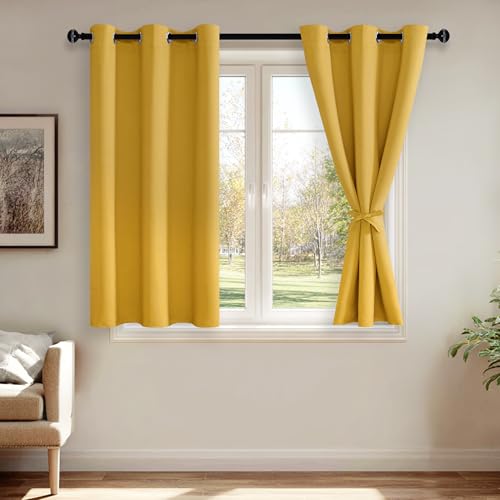 JIUZHEN Blackout Curtains with Tiebacks - Thermal Insulated, Light Blocking and Noise Reducing Grommet Curtain Drapes for Bedroom and Living Room, Set of 2 Panels, Yellow, 38 x 54 Inch Length