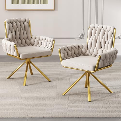 Merax Dining Chairs Set of 2, Modern Upholstered Seat for Kitchen, Living Room, or Bedroom, Luxurious Leisure Swivel Armchair with Sturdy Metal Legs and Soft Velvet Upholstery, Beige
