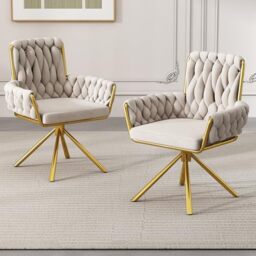 Merax Dining Chairs Set of 2, Modern Upholstered Seat for Kitchen, Living Room, or Bedroom, Luxurious Leisure Swivel Armchair with Sturdy Metal Legs and Soft Velvet Upholstery, Beige