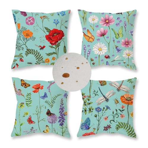 ONWAY Outdoor Waterproof Spring Summer Pillow Covers 18x18 Inch Set of 4 Floral Farmhouse Throw Pillows Decorative Cushion Cases for Outdoor Couch Sofa Patio Furniture Home Decoration Blue