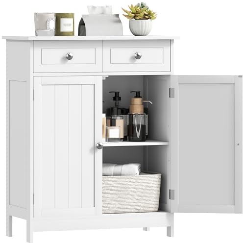 kleankin 75x60cm Freestanding Bathroom Storage Cabinet Unit w/ 2 Drawers Cupboard Adjustable Shelf Metal Handles Traditional Style White