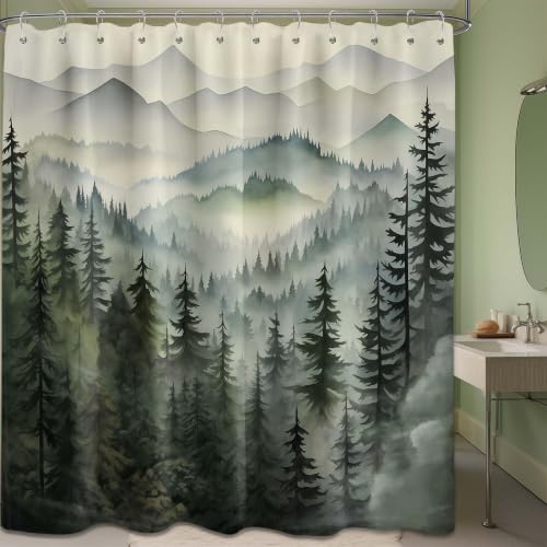 QGHOT Mountain Shower Curtain Forest, Nature Shower Curtains for Bathroom, Rustic Woodland Pine Tree Landscape Bathtub Curtain Men Bath Decor, Waterproof Polyester Fabric with Hooks (Green,84x72in)