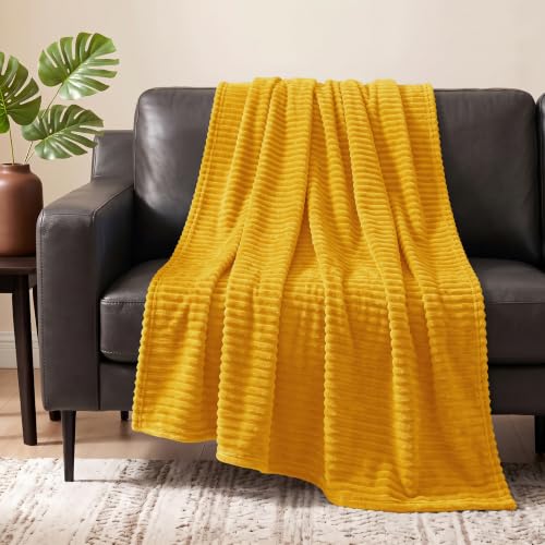 PAVILIA Super Soft Fleece Throw Blanket Yellow Mustard, Luxury Fuzzy Plush Flannel Throw, Warm Cozy Ribbed Microfiber Blanket for Sofa Couch Bed, Lightweight Striped Blanket, Yellow, 50x60