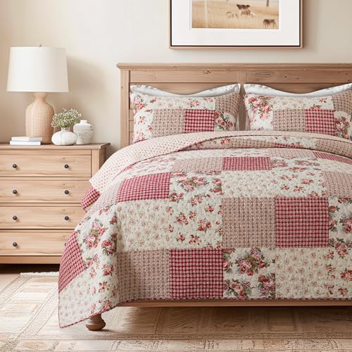 SLPR Country Roses 3-Piece Real Patchwork Cotton Quilt Set (234cm x 234cm) - with 2 Shams Pre-Washed Reversible Machine Washable Lightweight Bedspread Coverlet