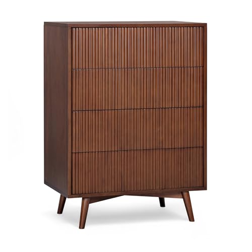 Teamson Home Tremolo 106 cm Tall Dresser Chest of Drawers with 4 Push-Open Drawers, Fluted Wood Detailing and Acacia Veneer Finish, Walnut