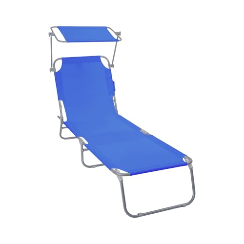 VOUNOT® Folding Sun Lounger with Adjustable Backrest & Sunshade, 4-Position Reclining Sun Bed, Portable Outdoor Garden Chair, Max Load 120kg, Blue