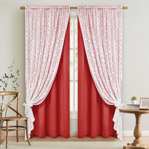 ASPMIZ Linen Curtains for Living Room Double Layers Curtains for Bedroom Farmhouse Window Curtain with Linen Lace, Light Filtering Curtain 63 Inch Length, Rod Pocket Drape with 2 Tiebacks, Red