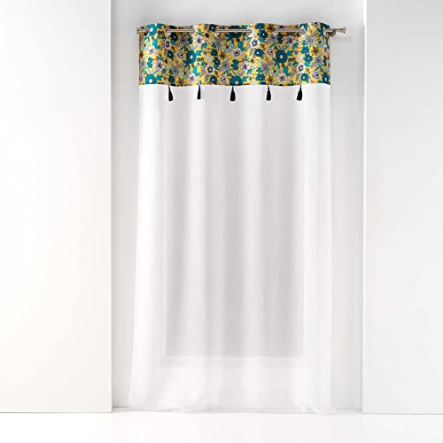 Douceur d'Intérieur, Eyelet Curtain 140 x 240 cm Sandblasted Top Print and Pompom Bohoflora Yellow