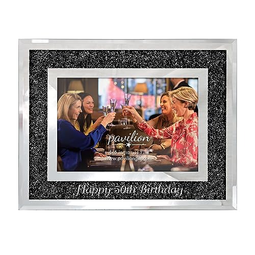 "Pavilion - Happy 50th Birthday Picture Frame, Glass Photo Frame For Tabletop, Black Glitter Rhinestones Picture Frame, Birthday Gifts For Women, Bling Photo Frame, Overall Size: 7.25” x 9.25"""