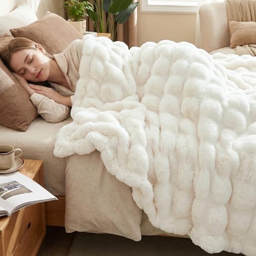 "DREAMNINE Decorative Soft Thick Fuzzy Faux Rabbit Fur Throw Blanket for Couch Sofa, Reversible Plush Warm Fleece Fluffy Blanket for Winter, Luxury Cute Cozy Furry Blanket for Bed,50"" x 60"",Cream White"