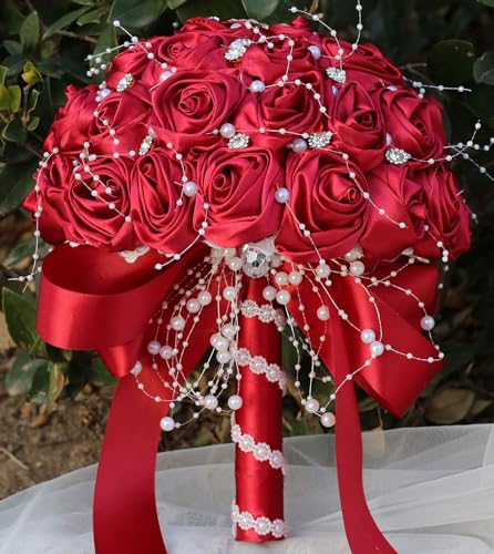 "Mhojpik Bridal Wedding Bouquet Round Bling Brooch Bouquet Throw Toss Artificial Rose Flower Bunch for Bride Bridesmaid Wedding Quinceanera(Ruby Red, 6.3"")"