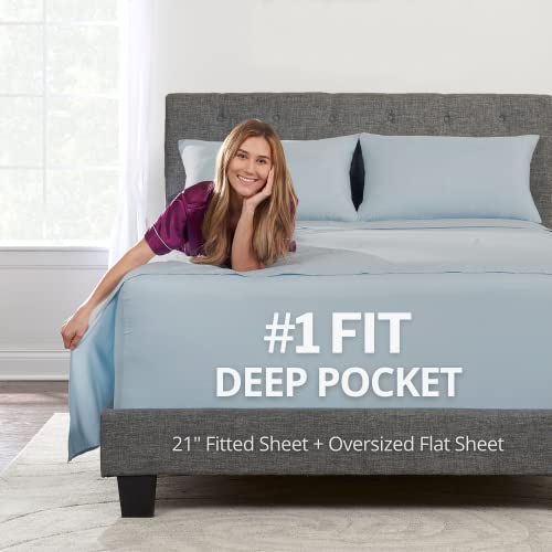 Extra Deep Pocket Cal King Bed-Sheets ??? 4-Piece Includes: 18???-21??? Inch Super Extra Deep Pocket Fitted Sheet ??? Oversize Flat Sheet ??? 2 Zipper Closure Pillowcases California King Size ??? Light Baby Blue