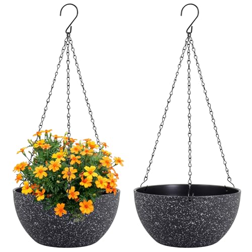 Meowell 8 inch Small Hanging Planters for Indoor Outdoor Plants, 2 Pack Hanging Flower Plant Pots with Drainage Holes and Chain for Porch, Plastic Hanging Baskets for House Plants, Speckled Black