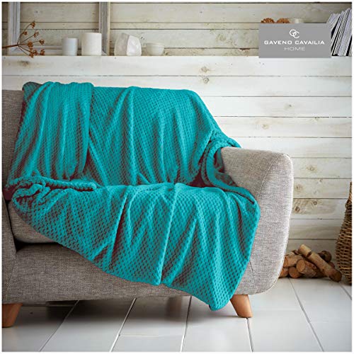 GC GAVENO CAVAILIA Waffle Popcorn King Throw Soft Honeycomb Textured Blanket for Sofa and Bed - Lightweight, Fluffy and Easy Care Bedspread - Cosy, Warm Throw for All Seasons, Teal, 200x240 cm