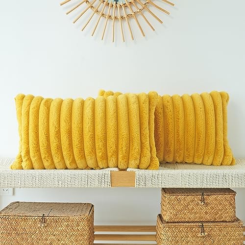 JOJUSIS Faux Fur Plush Throw Pillow Covers, Mustard Yellow, 12 x 20-Inch - Pack of 2, Couch Cushion Case, Soft Pillowcases, Decorative