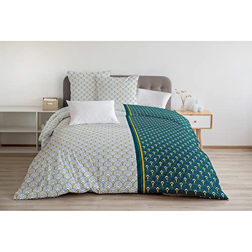 Home Linge Passion - Duvet Cover - 3 Pieces - 100% Cotton - 57 Thread Count - 2 People - 240x260 cm - RAINBOW BLEU-GREEN CURRY