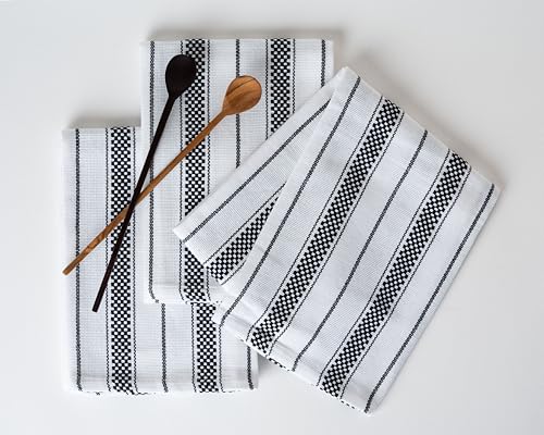Casa De Lan Kitchen Towels Set ??? Pack of 3 (20?????? x 30??????) Extra Large Premium Cotton Dish Towels for Kitchen ??? Chain Stripe Towels ??? Absorbent ??? 100% Cotton ??? with Hanging Loop ??? Black