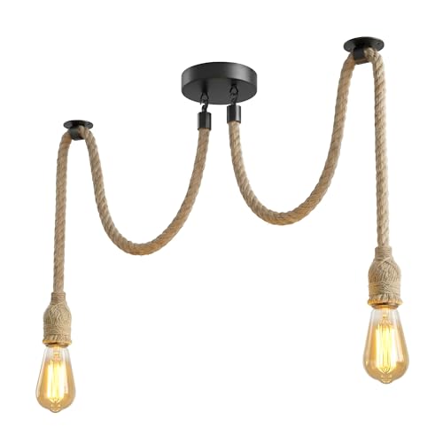 LEDSone DIY Hemp Rope Retro Industrial Chandelier,2 Lights Pendant Light Fitting,Retro Ceiling Light E27 Lamp Holder/Living Dining Room Restaurant Pendant Lights/Ceiling Hanging Light Fixture