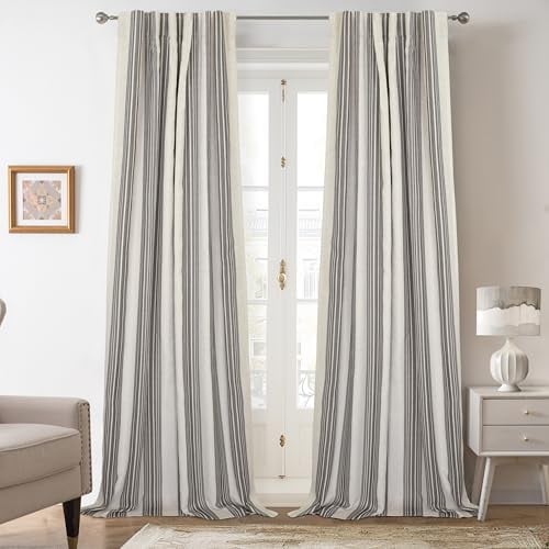 DriftAway Chris Linen Blackout Curtains with Thermal and Sound Reducing Layer 96 Inches Long for Bedroom Striped Printed Drapes Thermal Insulated Lined Window Treatments for Living Room Linen Gray