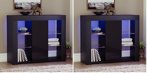 Vida Designs Large Azura 1 Door Modern LED Sideboard in Black, RGB Lights (Fade/Strobe Options Included), High Gloss (Pack of 2)
