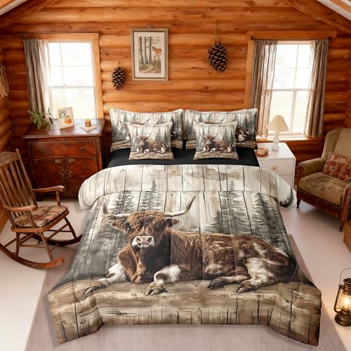 Erosebridal Rustic Highland Cow Bed in A Bag 7 Pcs Farm Animal Comforter Set for Women Men Western Country Forest Bedding Sets King Farmhouse Wildlife Sheet Set with Comforter