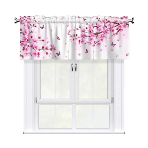 DZGlobal Floral Valances for Windows - Pink Cafe Curtains Cherry Blossom Short Curtains for Living Room Bathroom Bedroom Basement