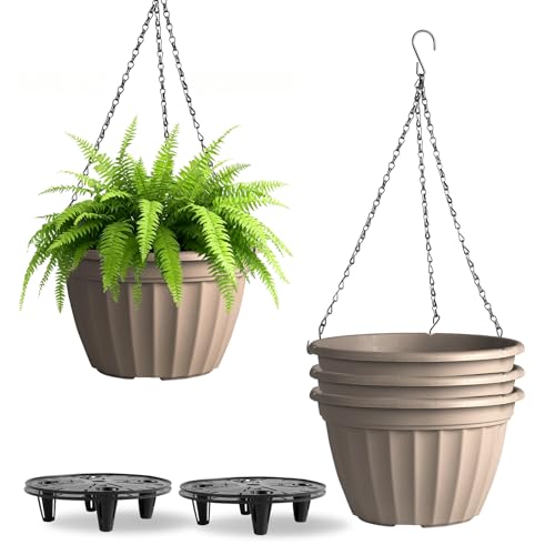 "FGstyle Hanging Planters 9.8 Inch, 4 Pcs Self Watering Pots for Indoor Plants,Plastic Hanging Basket with Soil Elevator and 20"" Chain for Home Garden Porch Balcony Patio Decor(Beige)"