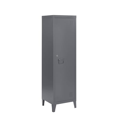 MMT Furniture Metal Locker Cabinet in Orange Yellow Blue White Grey, Lockable Cabinet Storage Cleaning Cupboard Slim One Door Wardrobe Industrial Shoe Storage (Grey - RAL 7043, 137cm)