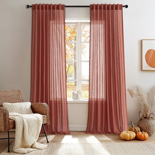 Extra Long Terracotta Semi Sheer Linen Curtains 108 inch Length 2 Panels - Light Filtering Back Tab Rod Pocket Drapes, Ceiling to Floor Window Drapes for Living Dining Room Office Patio Sliding Door