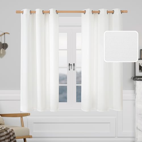 LAMIT White Faux Linen Curtains 48 Inch for Bedroom, Light Filtering Grommet Panels Privacy Protected Semi Sheer Curtains for Kitchen/Windows/Bathroom, 2 Panels Set, 42 x 48 Inch