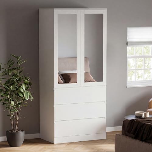 Vida Designs Denver 2 Door 3 Drawer Mirrored Wardrobe - White - 175H x 77W x 54D cm - Modern Bedroom Furniture - With Spacious Drawers & Hanging Rail - Large Capacity Storage