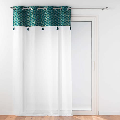 Douceur d'Intérieur, Evie Eyelet Curtain 140 x 240 cm Blue Sandblasted Curtain with Top Velour and Pompom