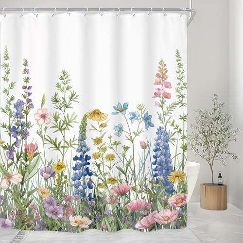 "Wildflower Floral Watercolor Flower Spring Art Bathroom Shower Curtain Set - 60""W x 72""H Botanical Rustic waterproof HD print, quick-dry fabric with plastic hooks for easy hanging."