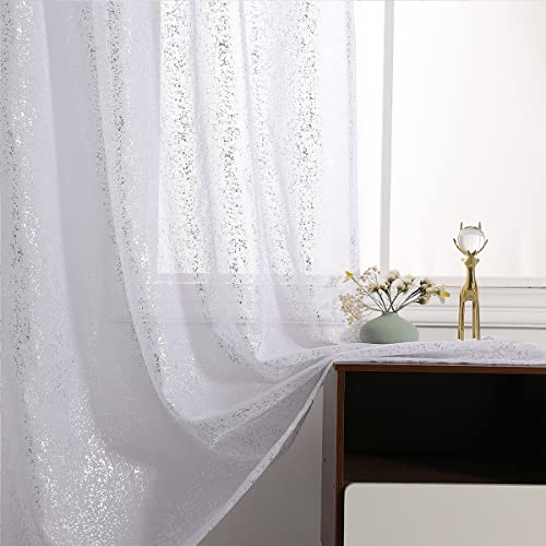 TERLYTEX Silver White Sheer Curtains 90 Inches Long for Living Room, Metallic Silver Shimmer Curtains 2 Panels, Light Filtering Privacy Rod Pocket Sparkle Curtain Drapes, 52 x 90 Inch, Silver White